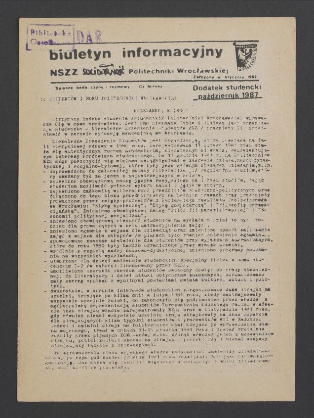 Biuletyn Informacyjny NSZZ „Solidarność” Politechniki Wrocławskiej. 1987, dodatek studencki