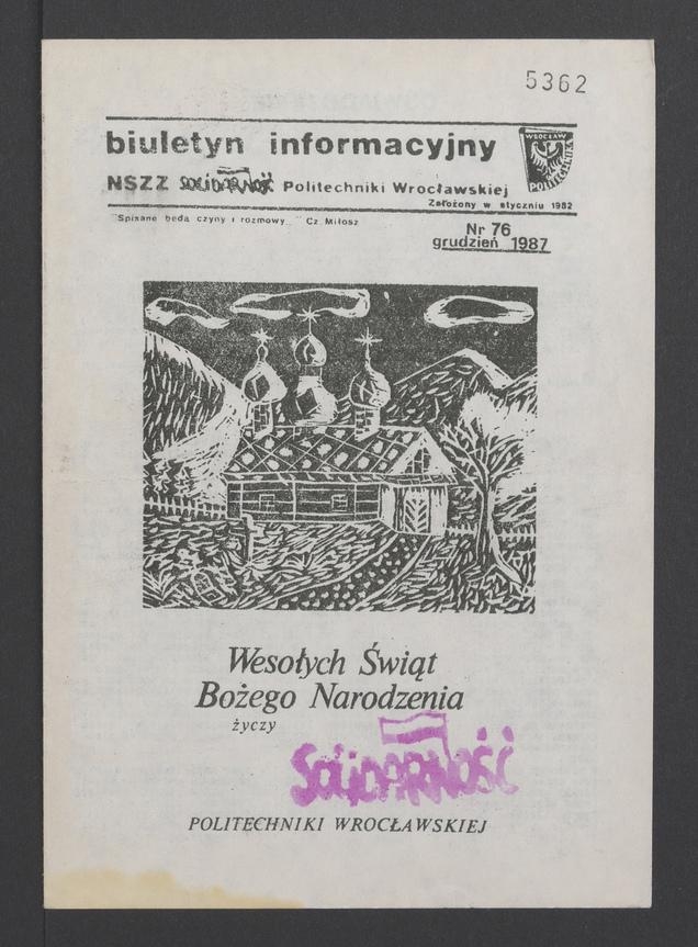 Biuletyn Informacyjny NSZZ „Solidarność” Politechniki Wrocławskiej. 1987, numer 76