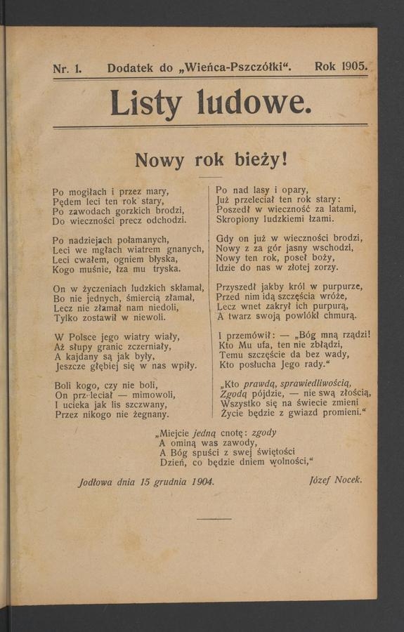 Listy Ludowe : dodatek do „Wieńca-Pszczółki”. 1905, numer 1