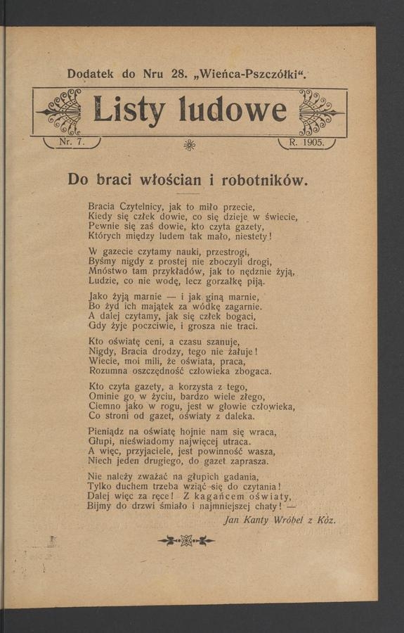 Listy Ludowe : dodatek do numeru 28 „Wieńca-Pszczółki”. 1905, numer 7