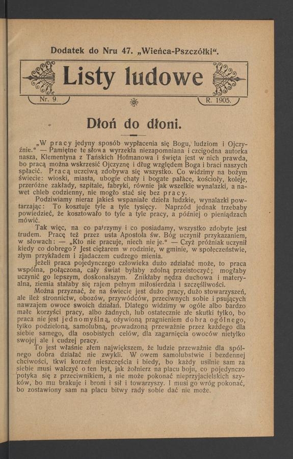 Listy Ludowe : dodatek do numeru 47 „Wieńca-Pszczółki”. 1905, numer 9