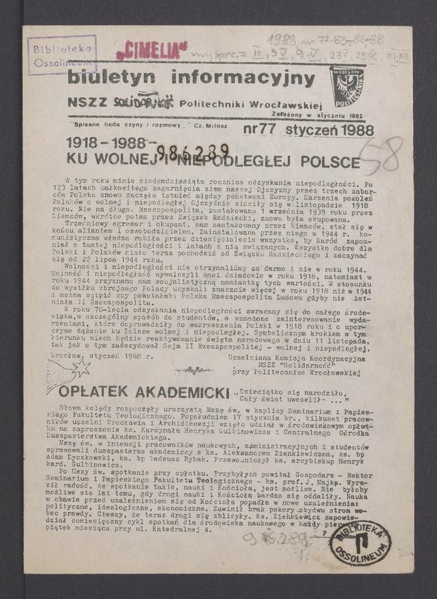 Biuletyn Informacyjny NSZZ „Solidarność” Politechniki Wrocławskiej. 1988, numer 77