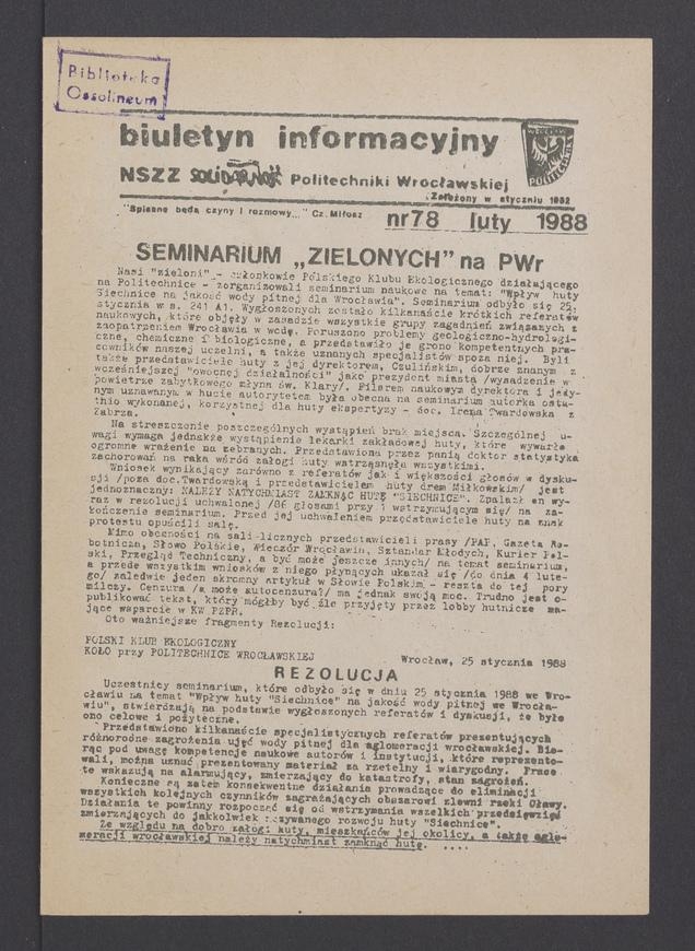 Biuletyn Informacyjny NSZZ „Solidarność” Politechniki Wrocławskiej. 1988, numer 78