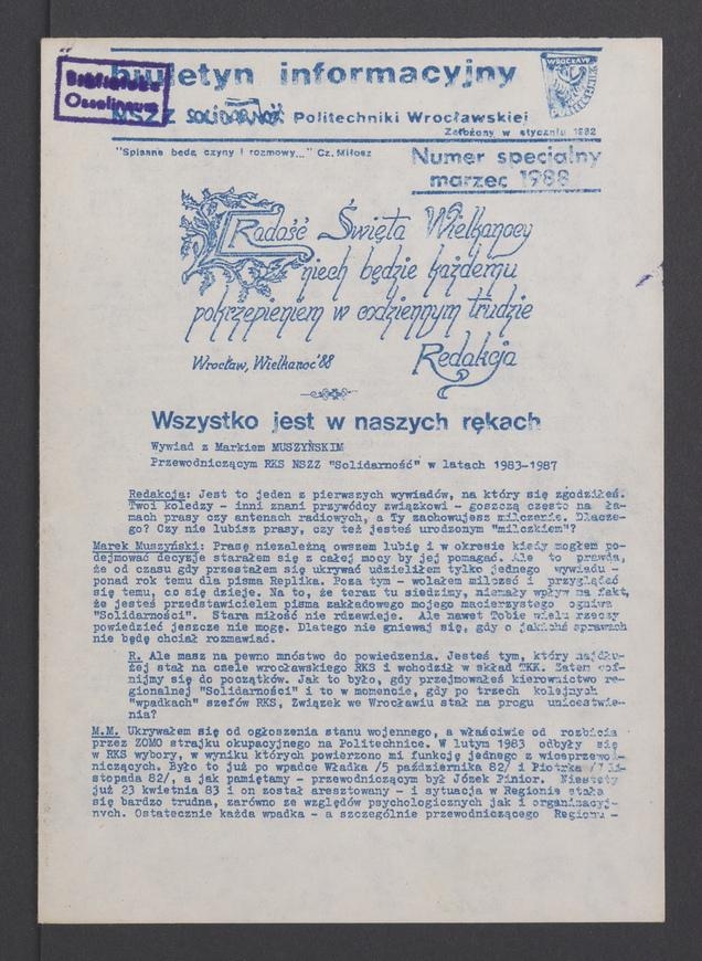 Biuletyn Informacyjny NSZZ „Solidarność” Politechniki Wrocławskiej. 1988, numer specjalny