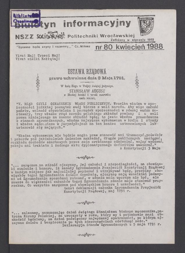Biuletyn Informacyjny NSZZ „Solidarność” Politechniki Wrocławskiej. 1988, numer 80