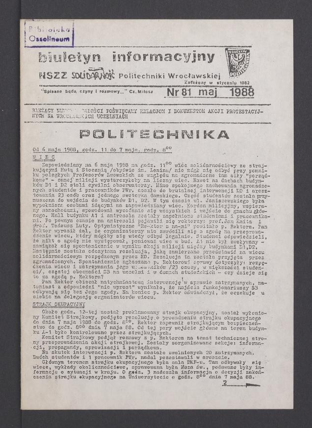 Biuletyn Informacyjny NSZZ „Solidarność” Politechniki Wrocławskiej. 1988, numer 81