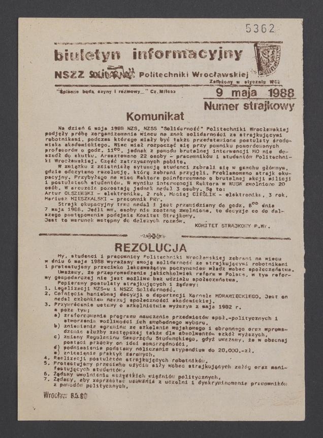 Biuletyn Informacyjny NSZZ „Solidarność” Politechniki Wrocławskiej. 1988, numer strajkowy