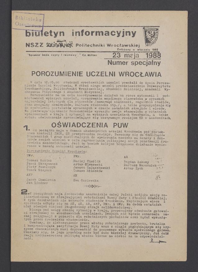Biuletyn Informacyjny NSZZ „Solidarność” Politechniki Wrocławskiej. 1988, numer specjalny