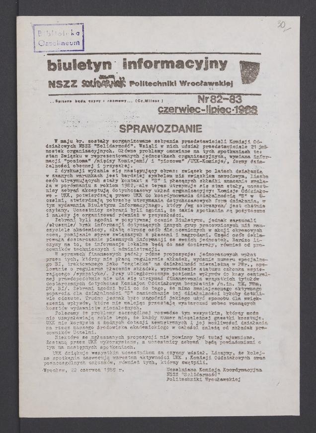 Biuletyn Informacyjny NSZZ „Solidarność” Politechniki Wrocławskiej. 1988, numer 82-83