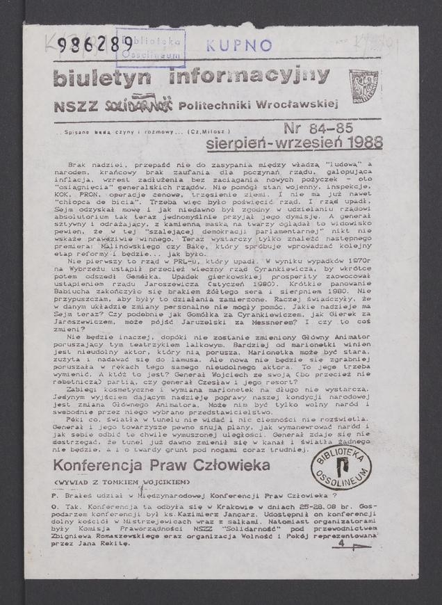 Biuletyn Informacyjny NSZZ „Solidarność” Politechniki Wrocławskiej. 1988, numer 84-85