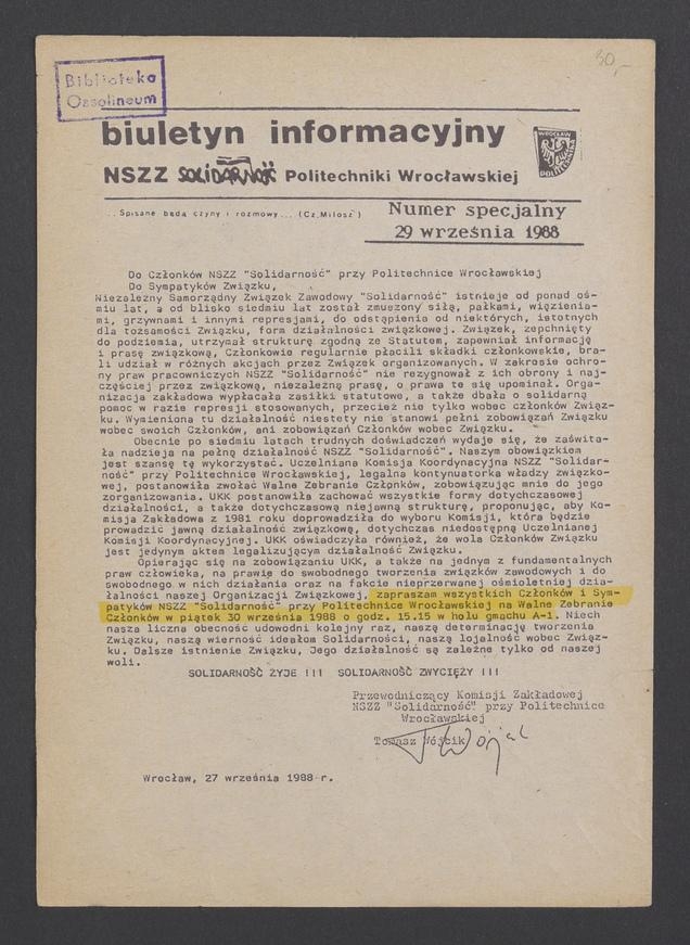 Biuletyn Informacyjny NSZZ „Solidarność” Politechniki Wrocławskiej. 1988, numer specjalny