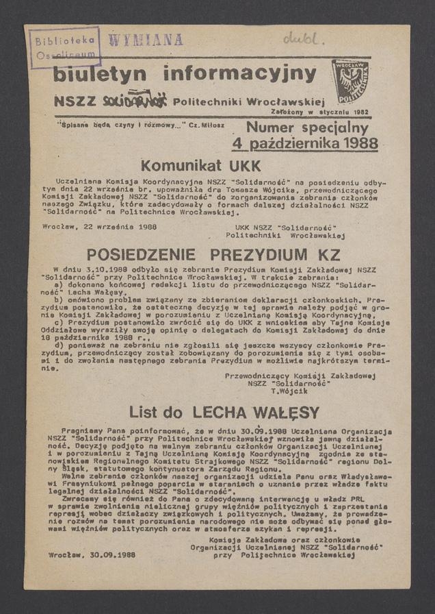 Biuletyn Informacyjny NSZZ „Solidarność” Politechniki Wrocławskiej. 1988, numer specjalny