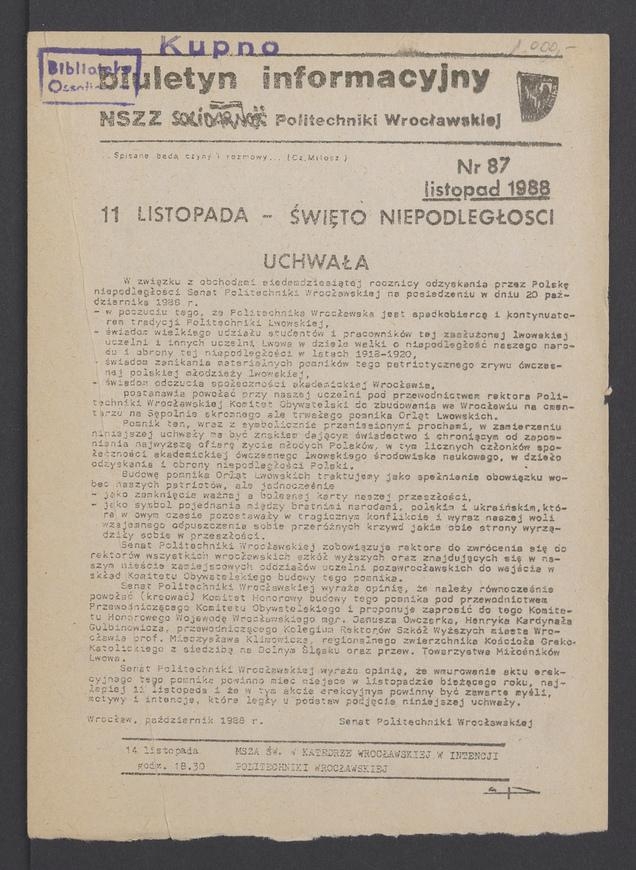 Biuletyn Informacyjny NSZZ „Solidarność” Politechniki Wrocławskiej. 1988, numer 87