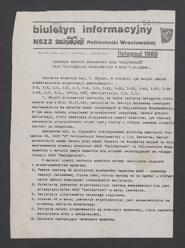 Biuletyn Informacyjny NSZZ „Solidarność” Politechniki Wrocławskiej. 1988, Zebranie Komisji Zakładowej NSZZ „Solidarność” przy Politechnice Wrocławskiej w dniu 7.XI.1988 r.