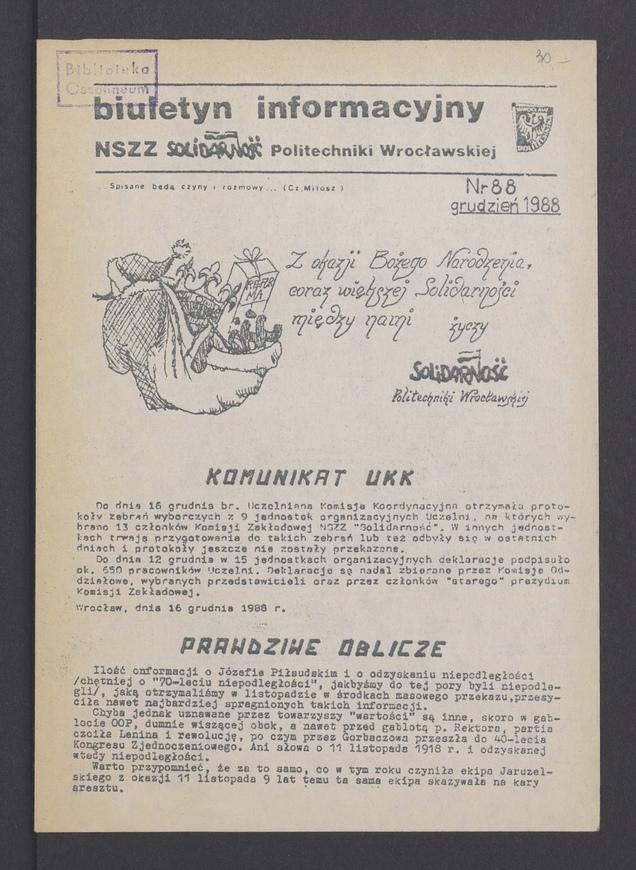 Biuletyn Informacyjny NSZZ „Solidarność” Politechniki Wrocławskiej. 1988, numer 88