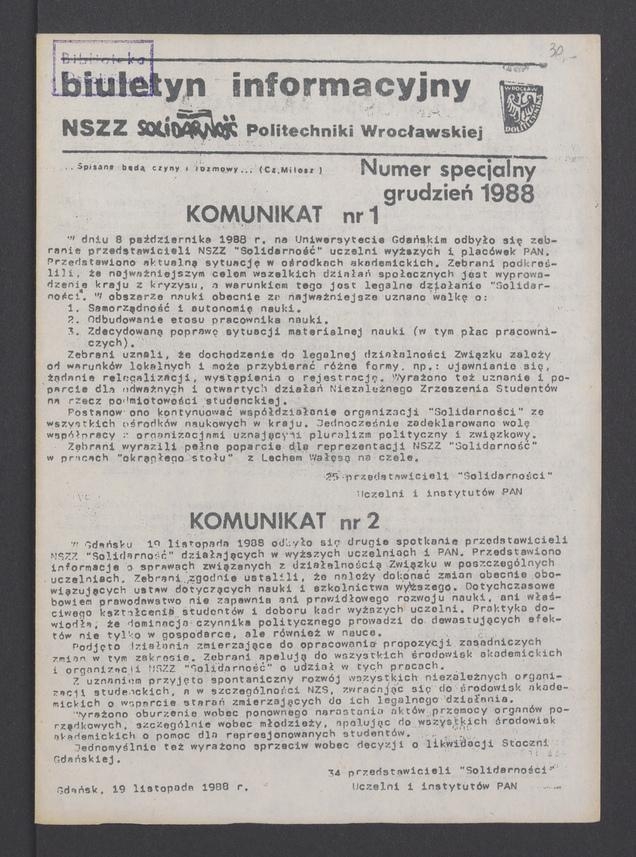 Biuletyn Informacyjny NSZZ „Solidarność” Politechniki Wrocławskiej. 1988, numer specjalny