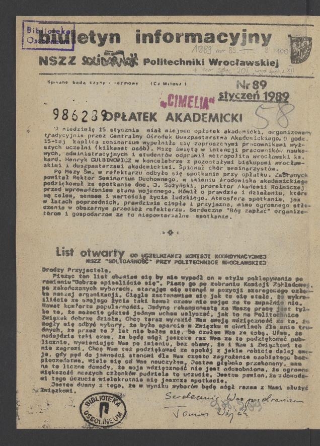 Biuletyn Informacyjny NSZZ „Solidarność” Politechniki Wrocławskiej. 1989, numer 89