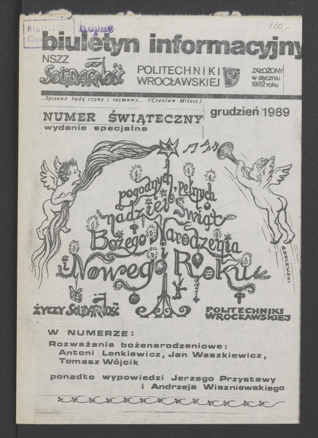 Biuletyn Informacyjny NSZZ „Solidarność” Politechniki Wrocławskiej. 1989, numer świąteczny