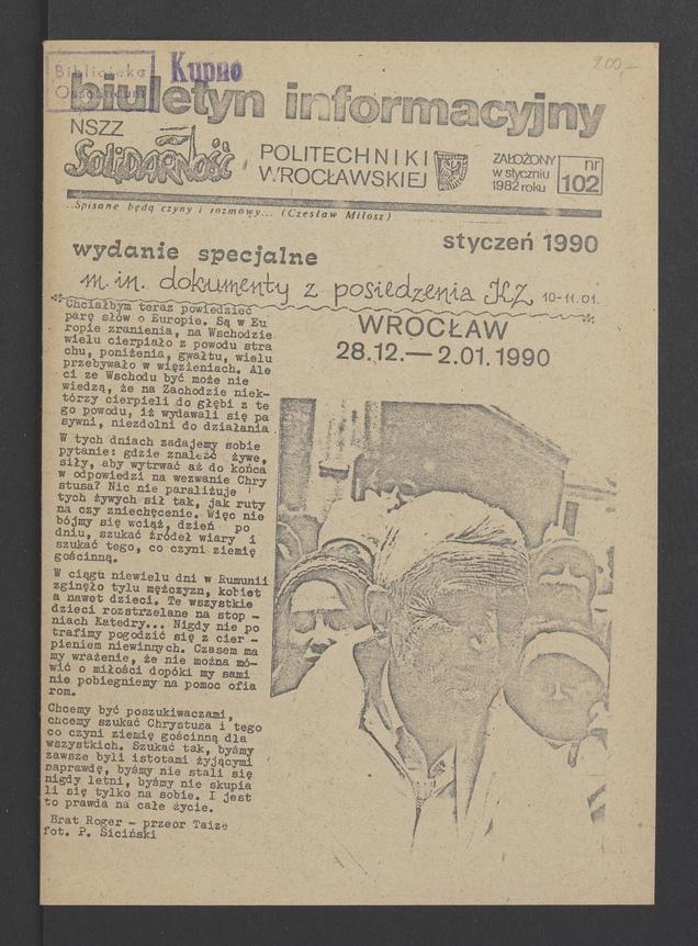Biuletyn Informacyjny NSZZ „Solidarność” Politechniki Wrocławskiej. 1989, numer 102, wydanie specjalne
