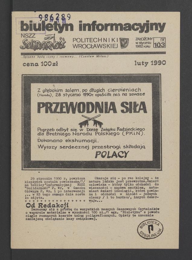 Biuletyn Informacyjny NSZZ „Solidarność” Politechniki Wrocławskiej. 1989, numer 103