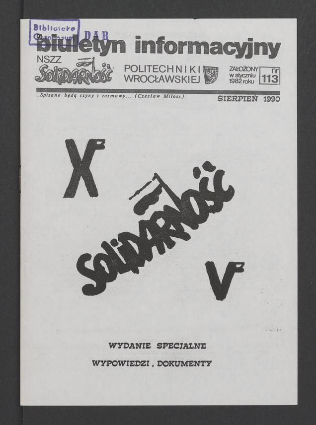 Biuletyn Informacyjny NSZZ „Solidarność” Politechniki Wrocławskiej. 1989, numer 113