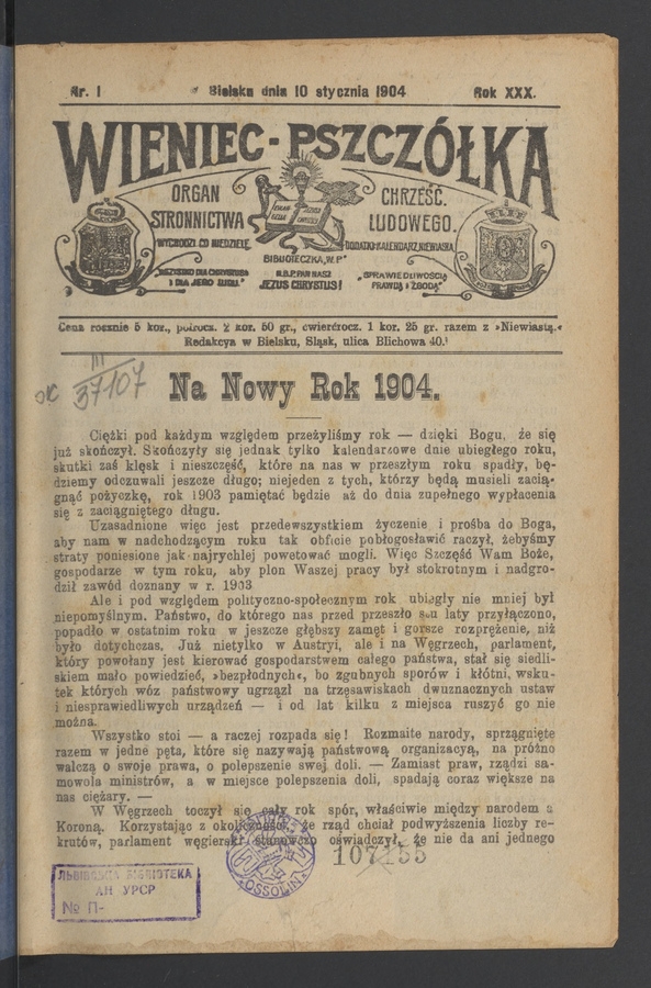 Wieniec-Pszczółka : organ Stronnictwa Chrześcijańsko-Ludowego. Rok 30, 1904, numer 1