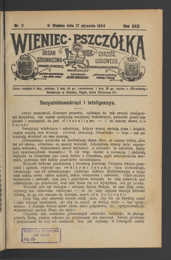Wieniec-Pszczółka : organ Stronnictwa Chrześcijańsko-Ludowego. Rok 30, 1904, numer 2