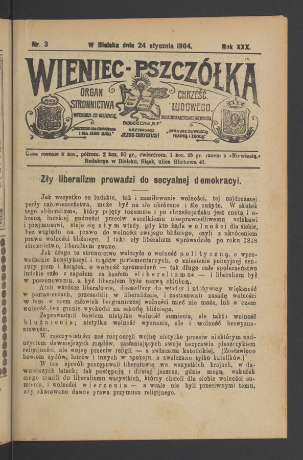 Wieniec-Pszczółka : organ Stronnictwa Chrześcijańsko-Ludowego. Rok 30, 1904, numer 3