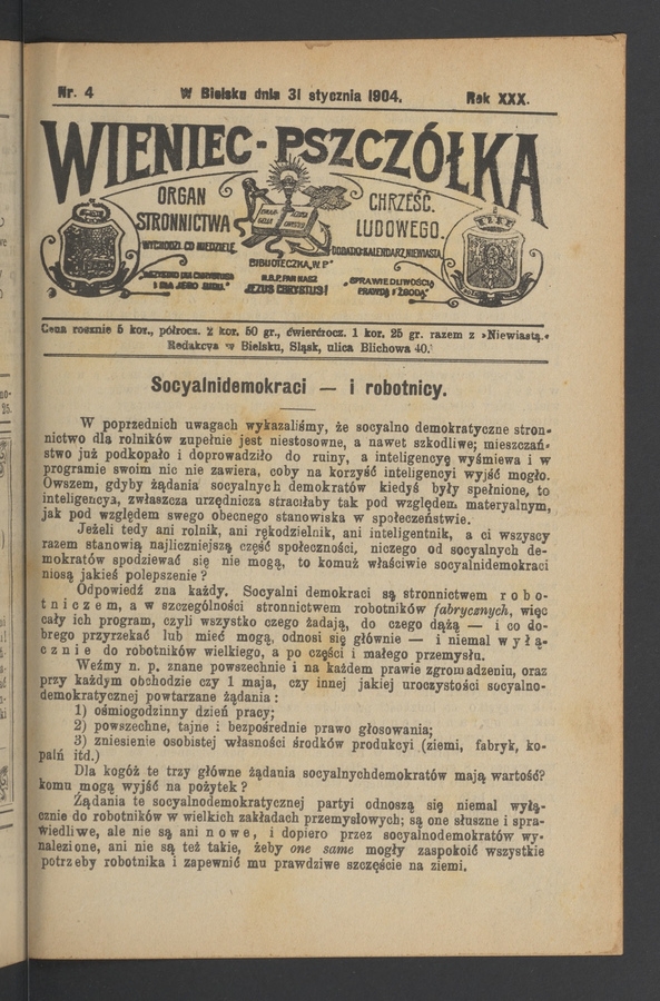 Wieniec-Pszczółka : organ Stronnictwa Chrześcijańsko-Ludowego. Rok 30, 1904, numer 4