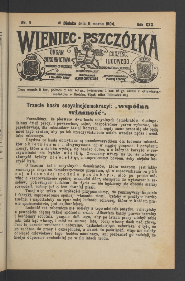 Wieniec-Pszczółka : organ Stronnictwa Chrześcijańsko-Ludowego. Rok 30, 1904, numer 9
