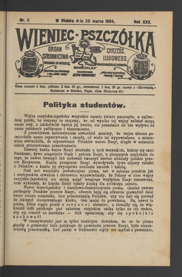 Wieniec-Pszczółka : organ Stronnictwa Chrześcijańsko-Ludowego. Rok 30, 1904, numer 11