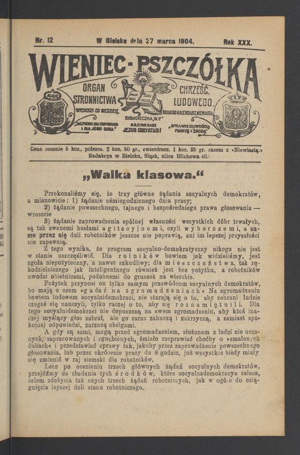 Wieniec-Pszczółka : organ Stronnictwa Chrześcijańsko-Ludowego. Rok 30, 1904, numer 12