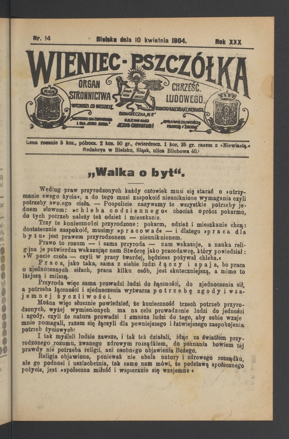 Wieniec-Pszczółka : organ Stronnictwa Chrześcijańsko-Ludowego. Rok 30, 1904, numer 14