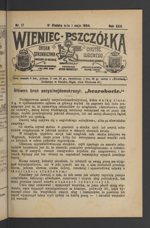 Wieniec-Pszczółka : organ Stronnictwa Chrześcijańsko-Ludowego. Rok 30, 1904, numer 17
