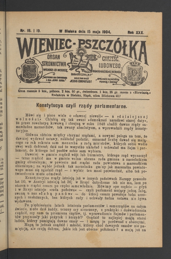 Wieniec-Pszczółka : organ Stronnictwa Chrześcijańsko-Ludowego. Rok 30, 1904, numer 18-19