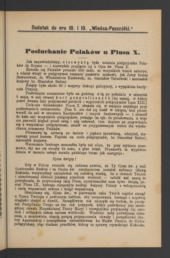 Dodatek do numeru 18 i 19 „Wieńca-Pszczółki”. Rok 30, 1904