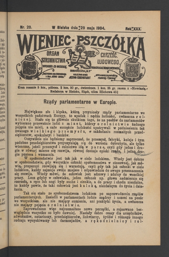 Wieniec-Pszczółka : organ Stronnictwa Chrześcijańsko-Ludowego. Rok 30, 1904, numer 20