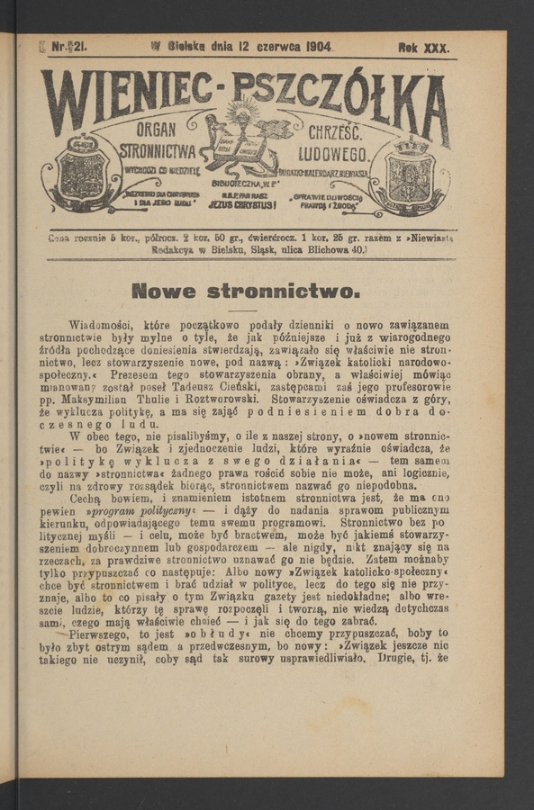 Wieniec-Pszczółka : organ Stronnictwa Chrześcijańsko-Ludowego. Rok 30, 1904, numer 21