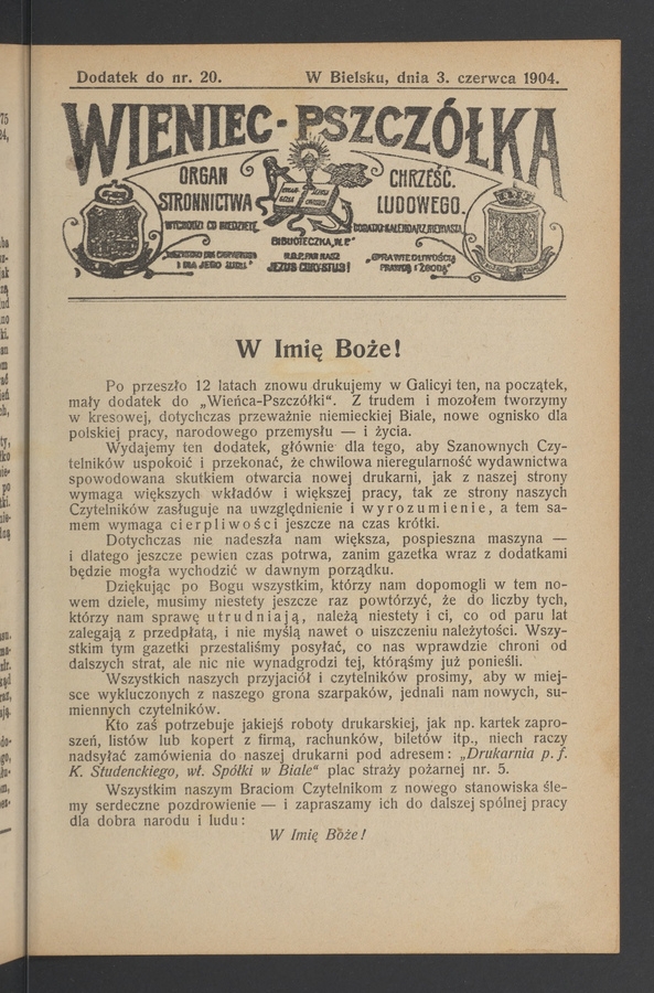 Wieniec-Pszczółka : organ Stronnictwa Chrześcijańsko-Ludowego. Rok 30, 1904, dodatek do numeru 20