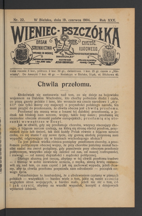 Wieniec-Pszczółka : organ Stronnictwa Chrześcijańsko-Ludowego. Rok 30, 1904, numer 22