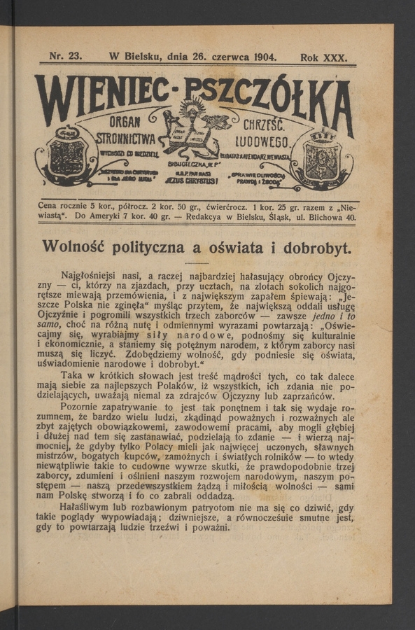 Wieniec-Pszczółka : organ Stronnictwa Chrześcijańsko-Ludowego. Rok 30, 1904, numer 23