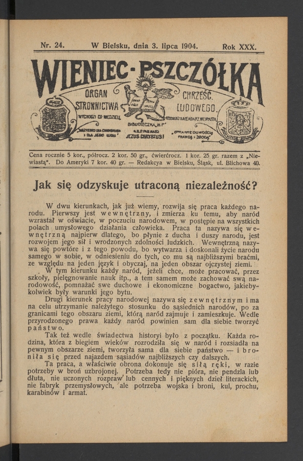 Wieniec-Pszczółka : organ Stronnictwa Chrześcijańsko-Ludowego. Rok 30, 1904, numer 24