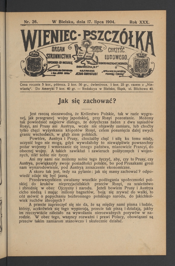Wieniec-Pszczółka : organ Stronnictwa Chrześcijańsko-Ludowego. Rok 30, 1904, numer 26