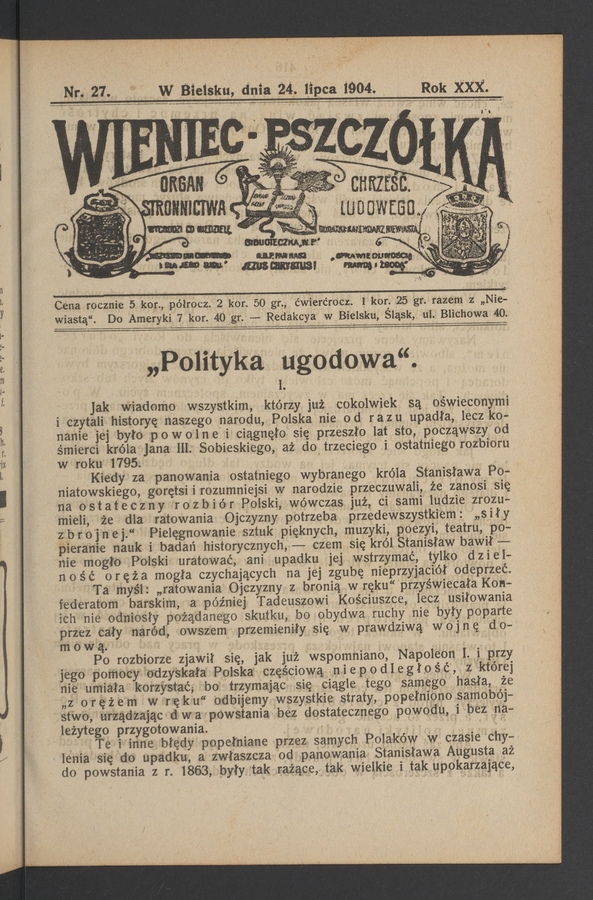 Wieniec-Pszczółka : organ Stronnictwa Chrześcijańsko-Ludowego. Rok 30, 1904, numer 27