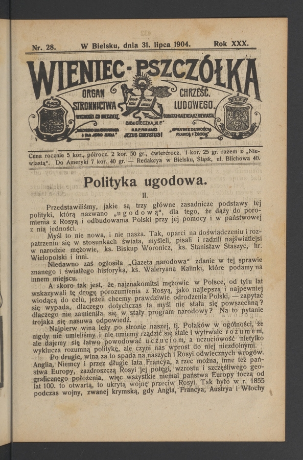 Wieniec-Pszczółka : organ Stronnictwa Chrześcijańsko-Ludowego. Rok 30, 1904, numer 28