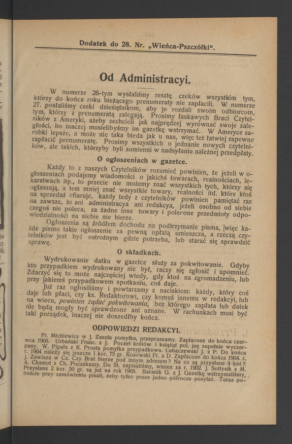 Dodatek do 28 numeru „Wieńca-Pszczółki”. Rok 30, 1904
