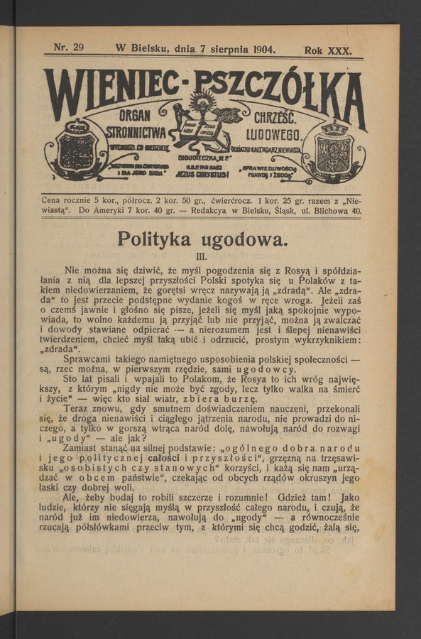 Wieniec-Pszczółka : organ Stronnictwa Chrześcijańsko-Ludowego. Rok 30, 1904, numer 29