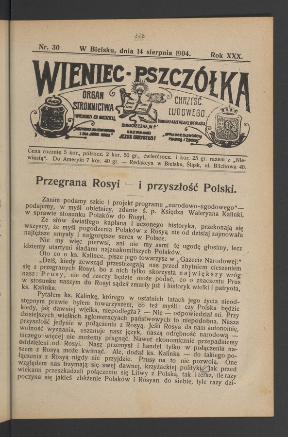 Wieniec-Pszczółka : organ Stronnictwa Chrześcijańsko-Ludowego. Rok 30, 1904, numer 30