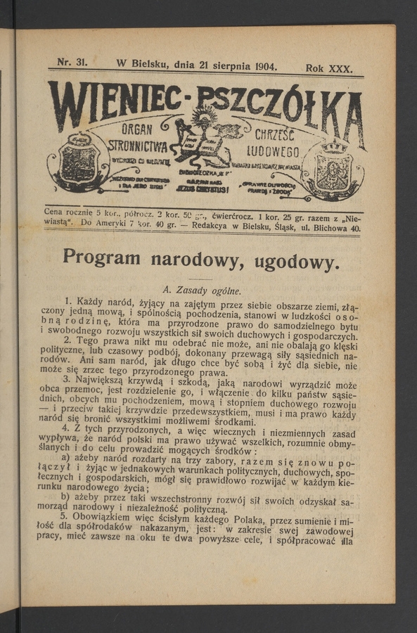 Wieniec-Pszczółka : organ Stronnictwa Chrześcijańsko-Ludowego. Rok 30, 1904, numer 31
