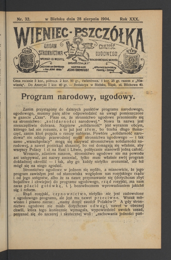 Wieniec-Pszczółka : organ Stronnictwa Chrześcijańsko-Ludowego. Rok 30, 1904, numer 32